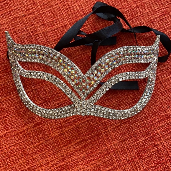 Vintage Accessories - Silver Iridescent Rhinestone Rhinestones  Mask Masquerade Black Ribbon